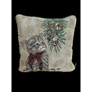 Vtg Tapestry Kitten Christmas Pillow Santa Pine Horn Kitty Cat 16x16 Riverdale